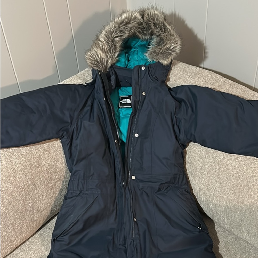 The North Face Women's Dark Blue Ski Jacket with Faux Fur Hood